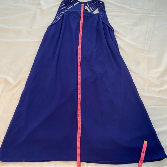 UA LA Cut Out Lattice Detail Dress Sleeveless Sexy Blue Purple Silk Midi SZ L - Picture 9 of 10